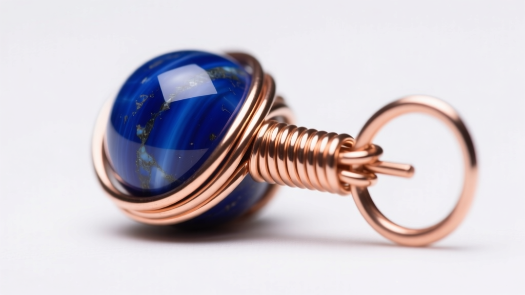 Macro view of 24-gauge copper wire tightly wrapped around a blue lapis bead, showing a coiled stopper loop on white.