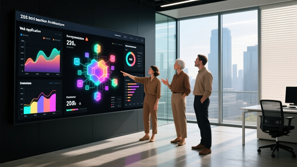 Software team analyzing web application architecture and cost metrics on a glowing digital dashboard in a modern 2026 office