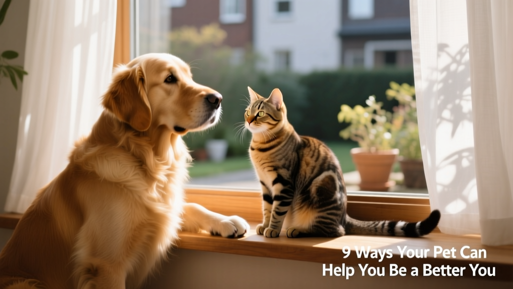 A golden retriever and a tabby cat sitting side by side on a sunlit windowsill, both gazing peacefully outward