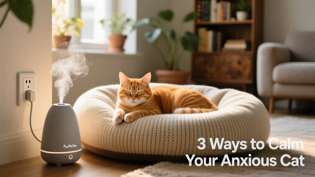 A FurPetVo diffuser plugged into an outlet beside a cozy cat bed