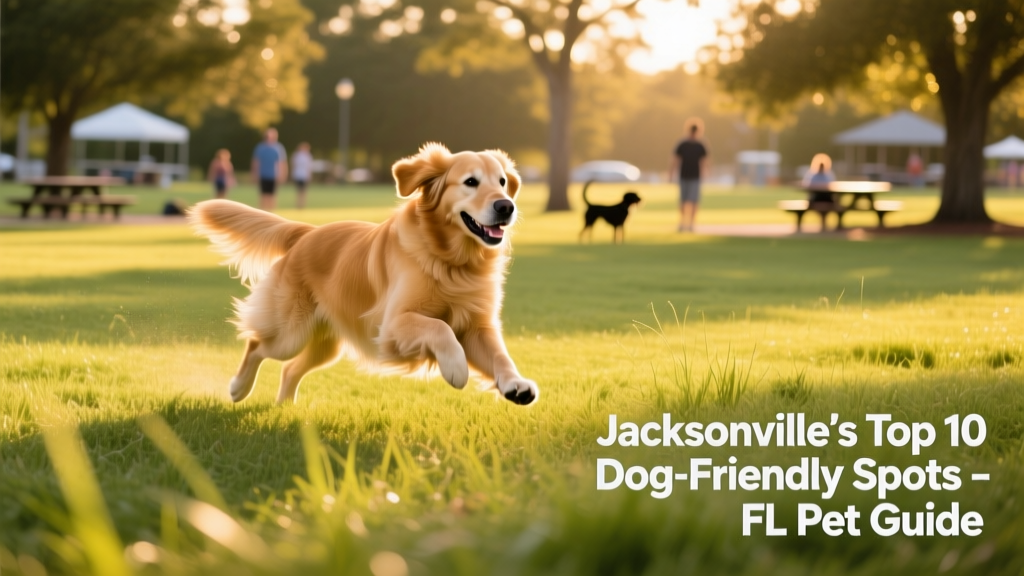 A golden retriever happily running across a sunlit grassy field in a Jacksonville dog park