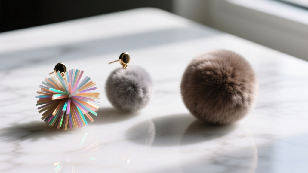 Macro shot of frayed acrylic pom pom earrings beside a perfectly spherical, dense rabbit hair pom pom resting on white marble