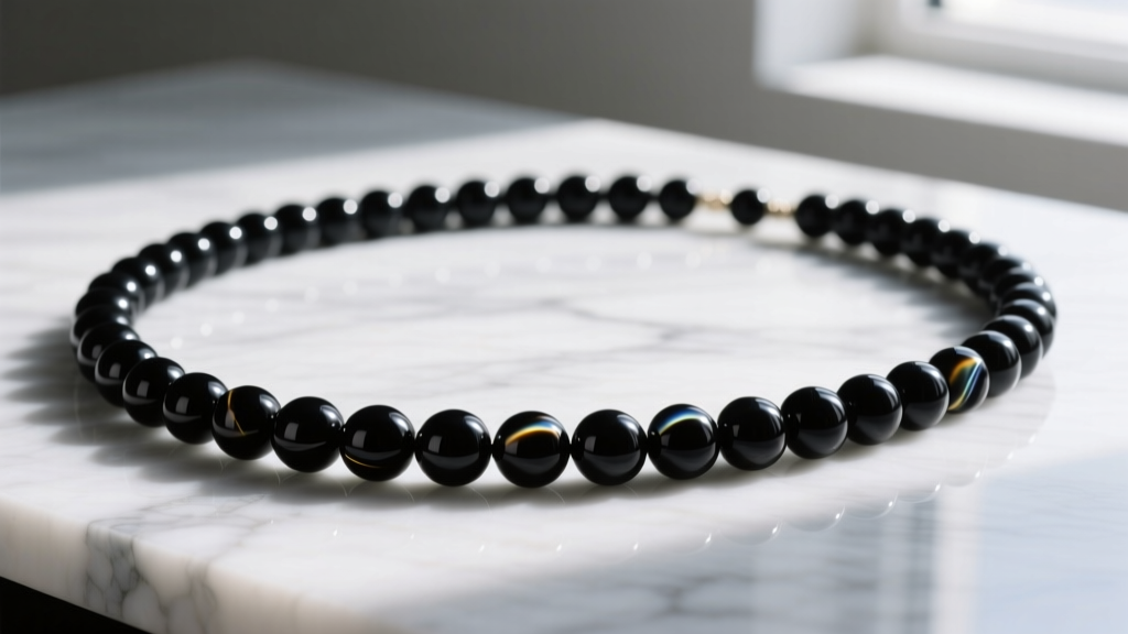 Close-up of a 45-inch long black beaded necklace draped over marble, highlighting the glossy reflection of 8mm polished onyx beads.