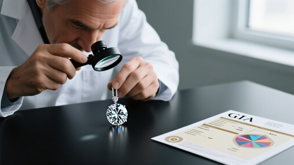 Jeweler inspecting a diamond pendant with a loupe next to a GIA report, highlighting detailed clarity and color inclusion mapping.