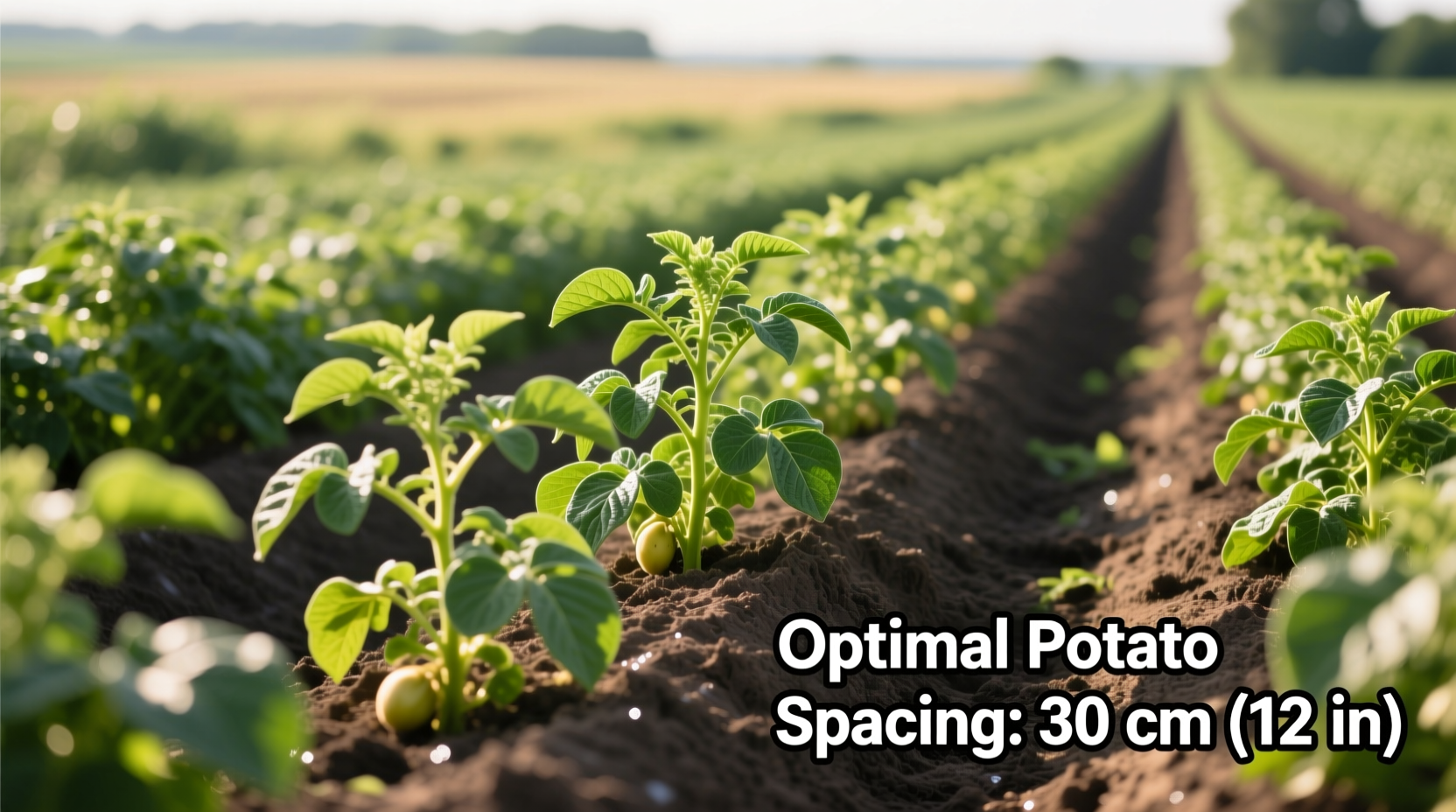 Properly spaced potato plants showing ideal row distance