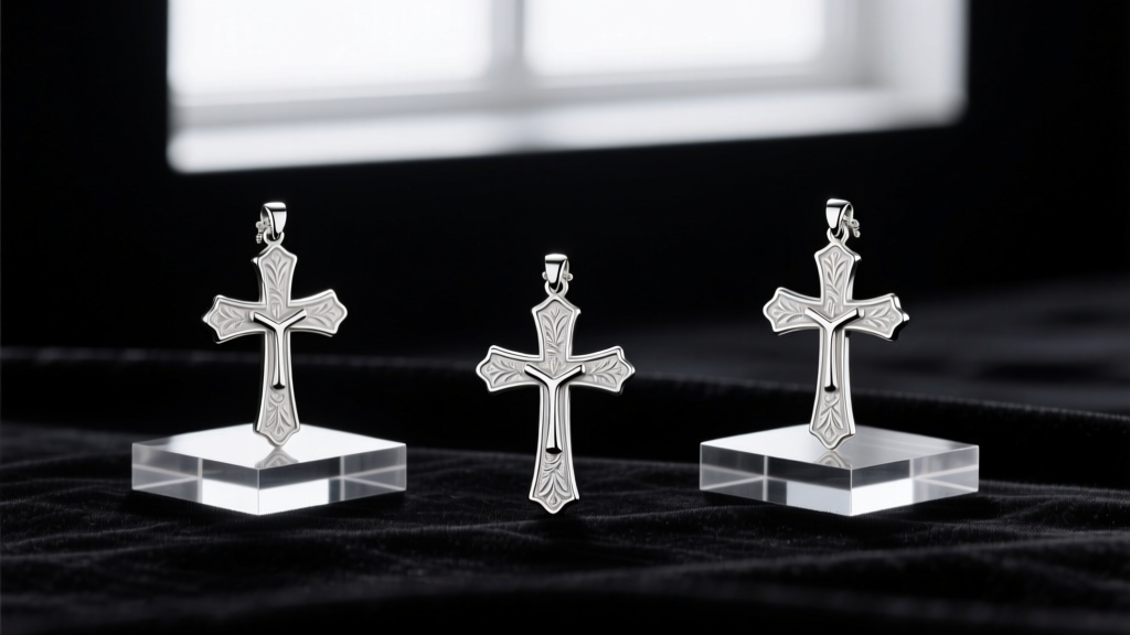 Jewelry display showing three James Avery silver cross pendants on black velvet with tags indicating secondary market values.