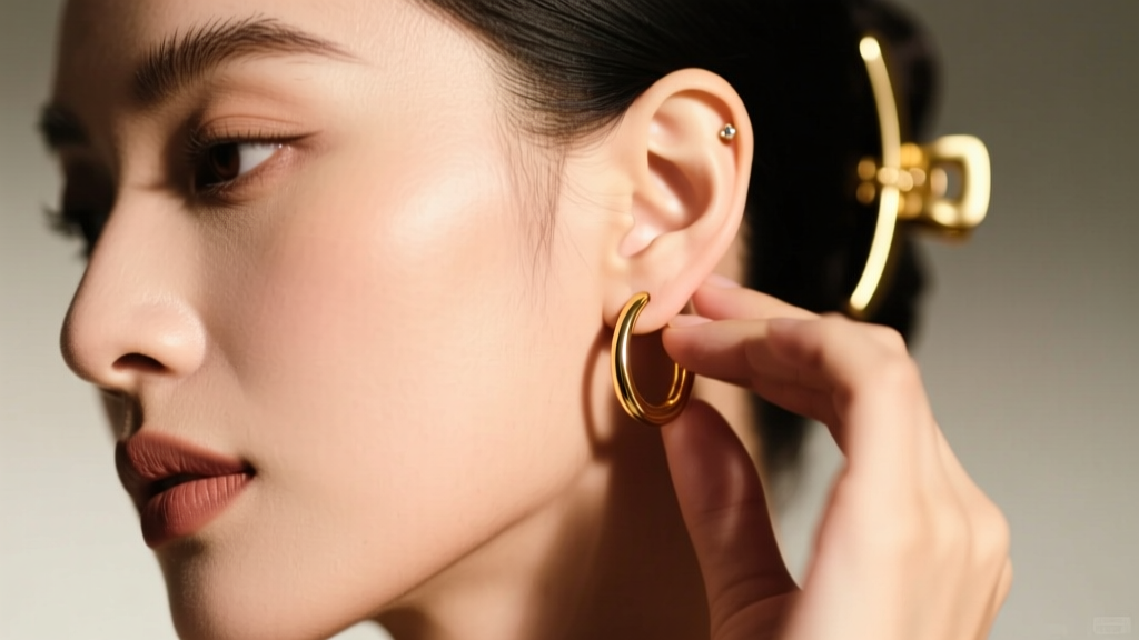 Close-up of a woman adjusting a gold paddle-back clip hoop earring on her unpierced earlobe, soft studio lighting, sharp focus.