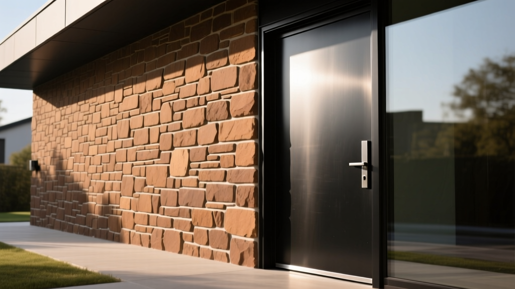 Exterior wall featuring warm brown cobblestone stone veneer installed with tight mortar joints beside a modern black steel entry door