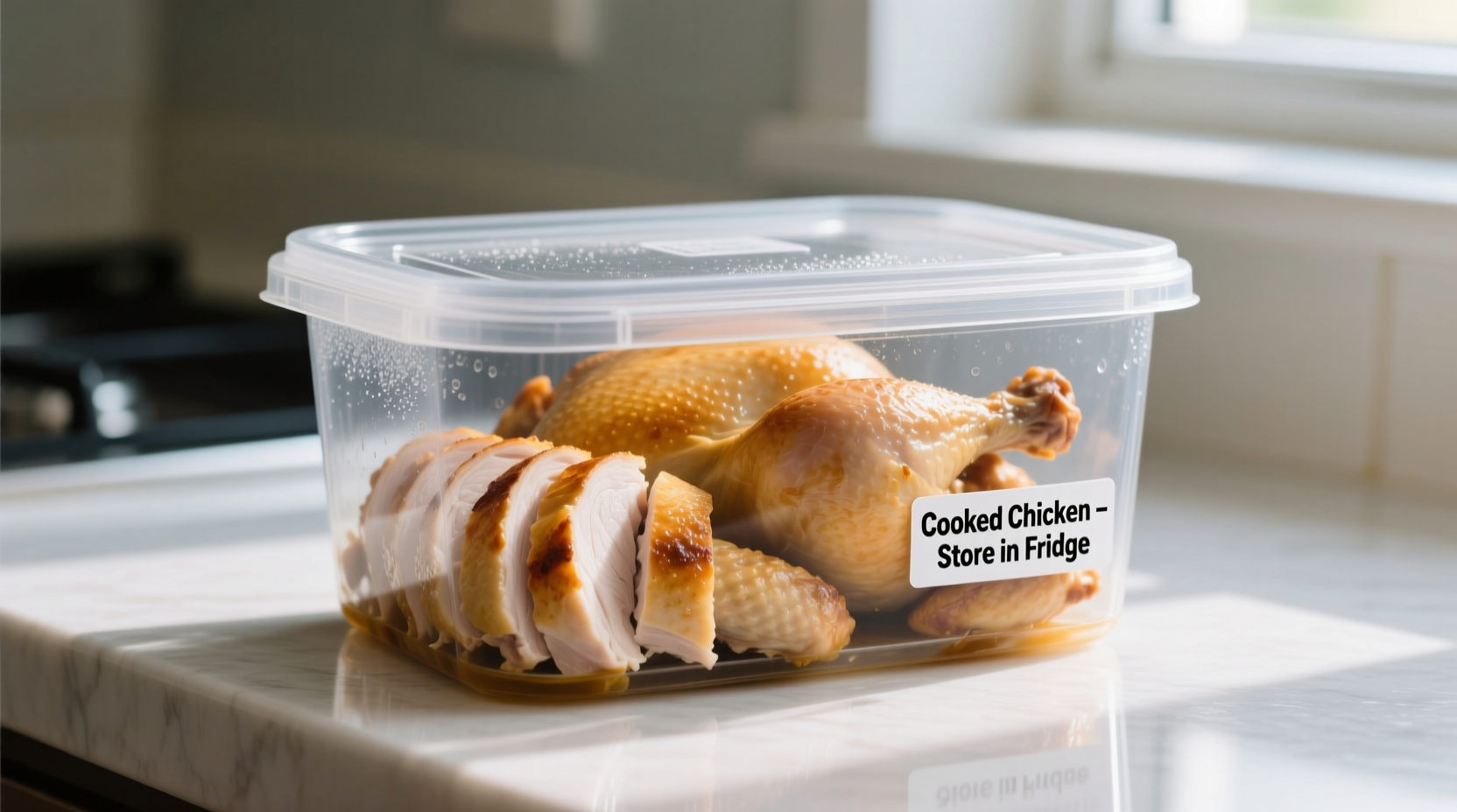 Properly stored cooked chicken in airtight container
