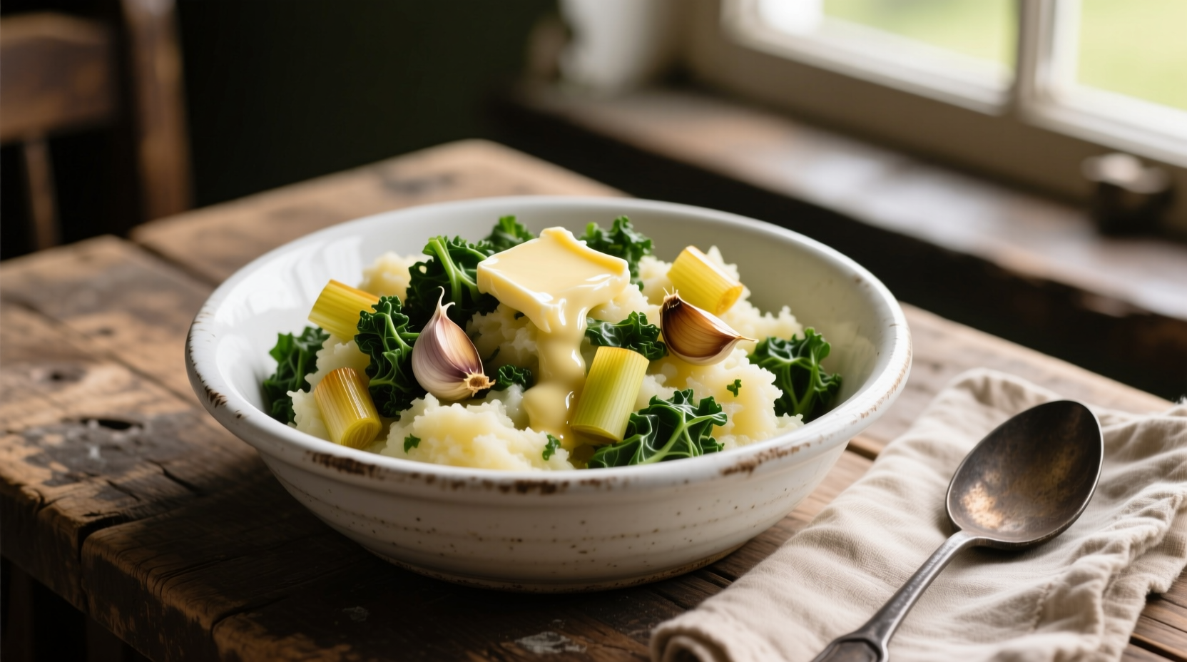 Traditional Irish potato colcannon in white bowl