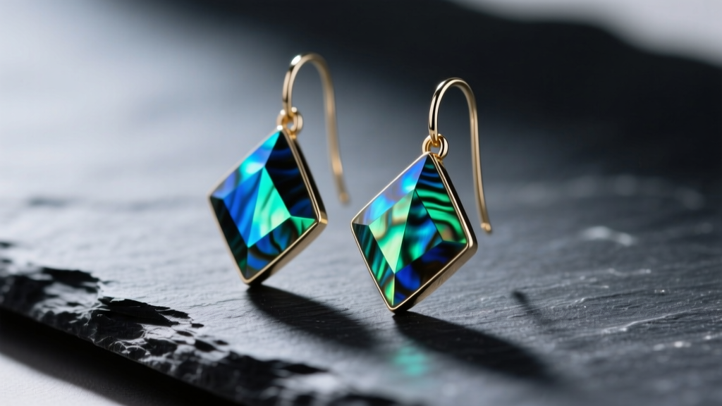 Macro shot of geometric abalone shell drop earrings on dark slate, showing vibrant blue and green iridescence under soft lighting