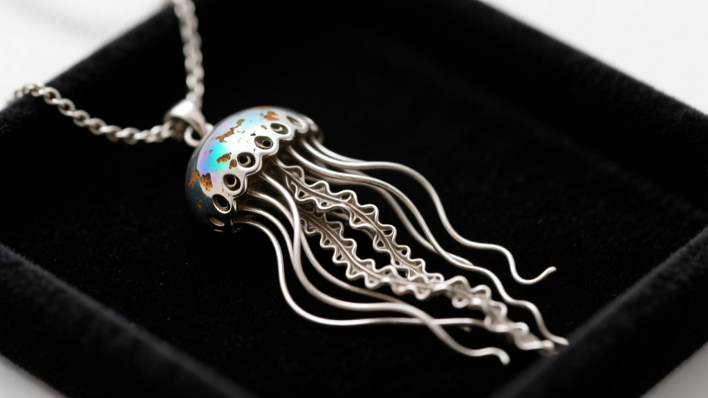 Macro shot of a tarnished silver jellyfish pendant with severely tangled delicate chain tentacles resting on a dark velvet tray
