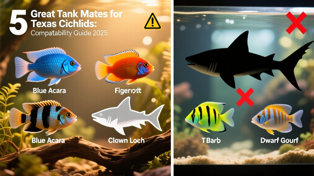 Side-by-side comparison of ideal vs. unsuitable tank mates for Texas Cichlids, illustrated with labeled fish silhouettes