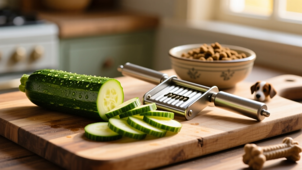 Fresh zucchini on a wooden cutting board next to a mandolin slicer