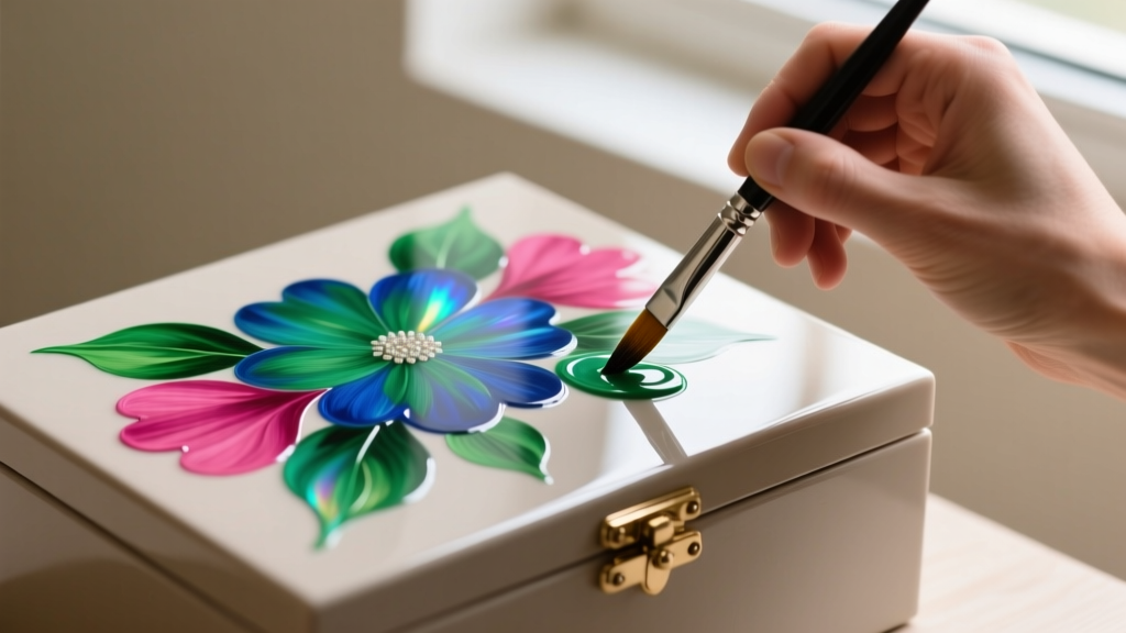 Craftsperson applying clear water-based polyurethane sealant over a dried acrylic painted jewelry box lid with a fine brush