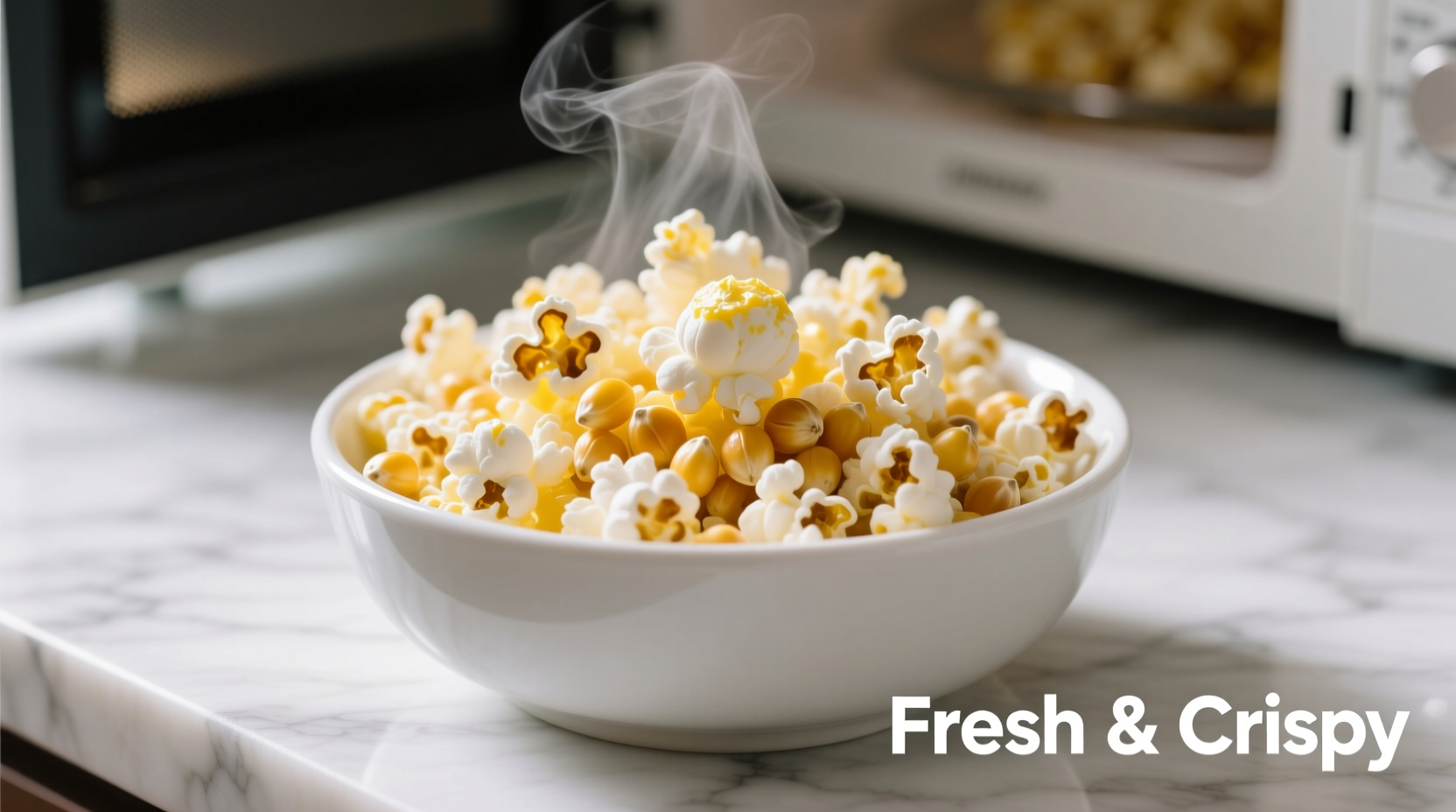 Freshly popped microwave popcorn in white bowl