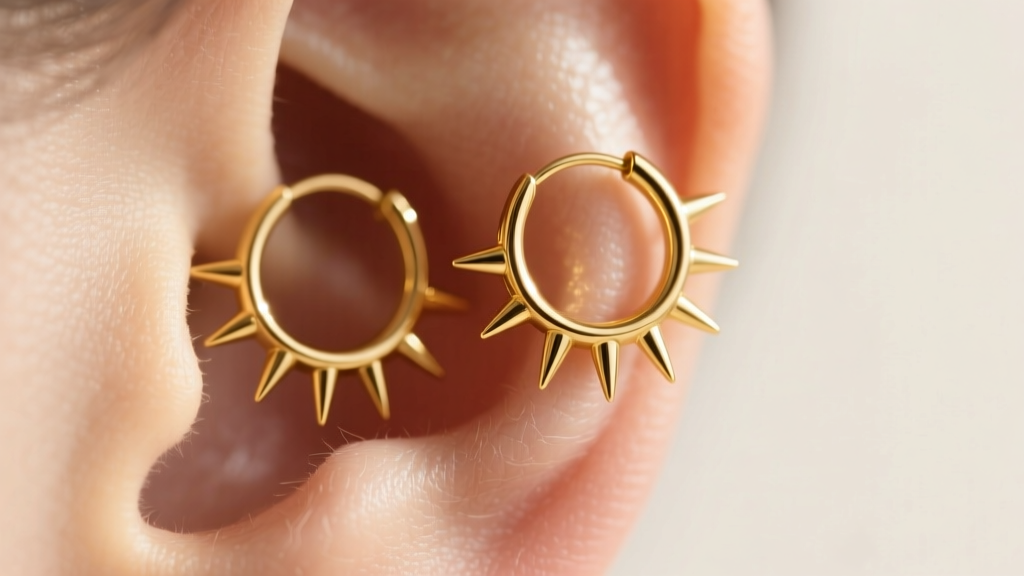 Macro shot of 16g yellow gold spike huggie earrings on a healed earlobe, soft lighting highlighting the sharp points.