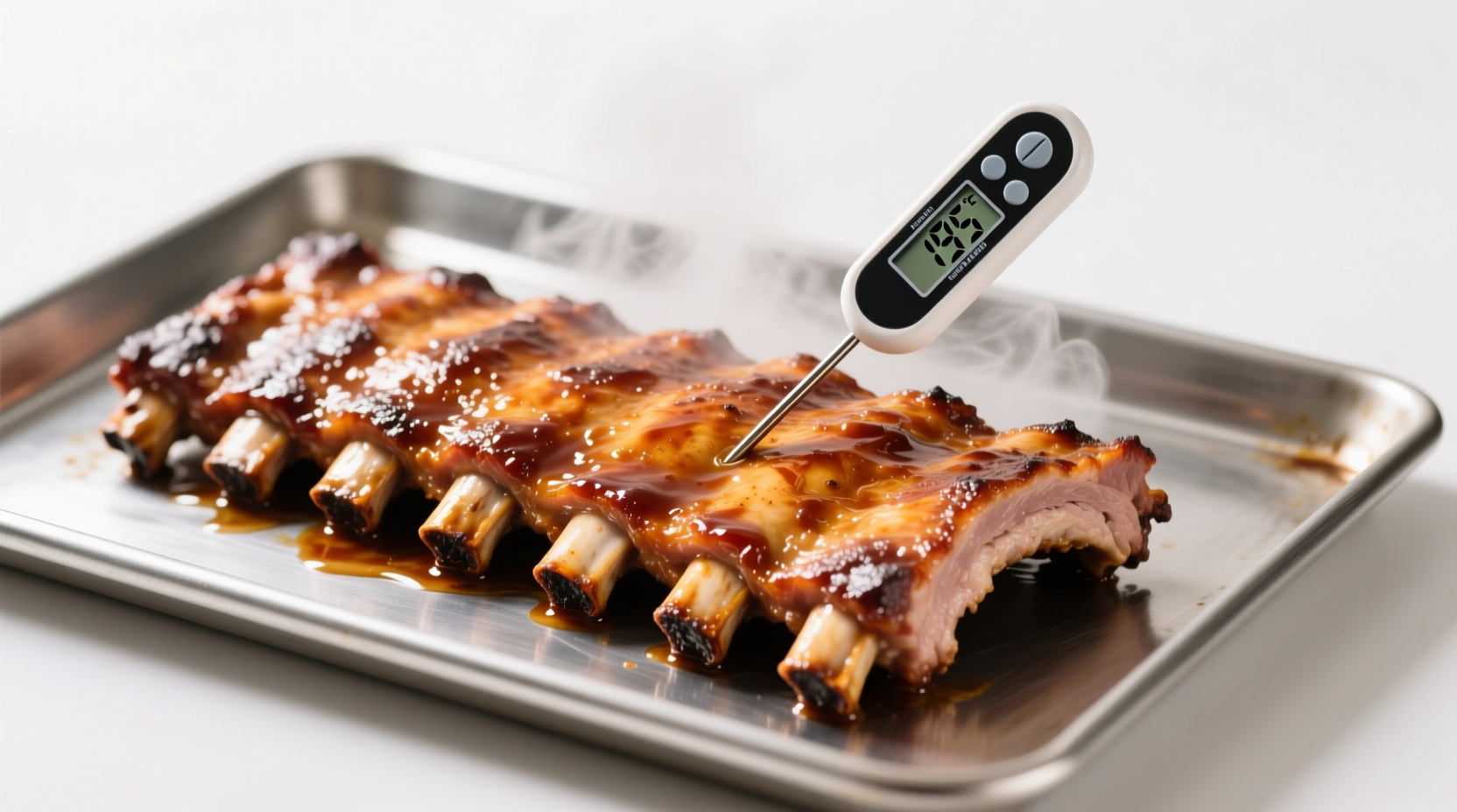 Perfectly cooked pork ribs on baking sheet with thermometer