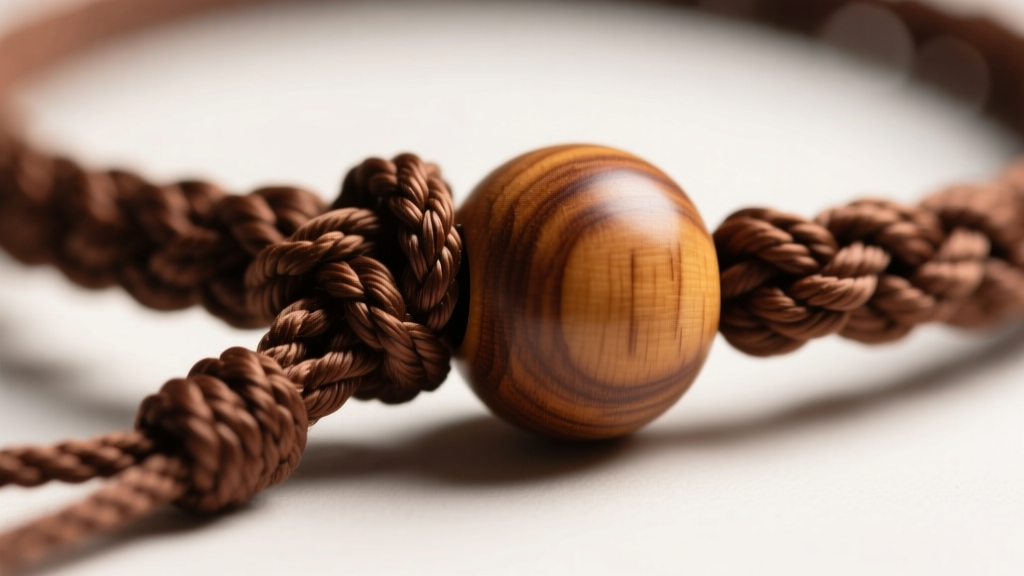 Detailed view of a macrame sliding knot tied on brown nylon cord for a sandalwood mala beads necklace, sharp focus on threads.
