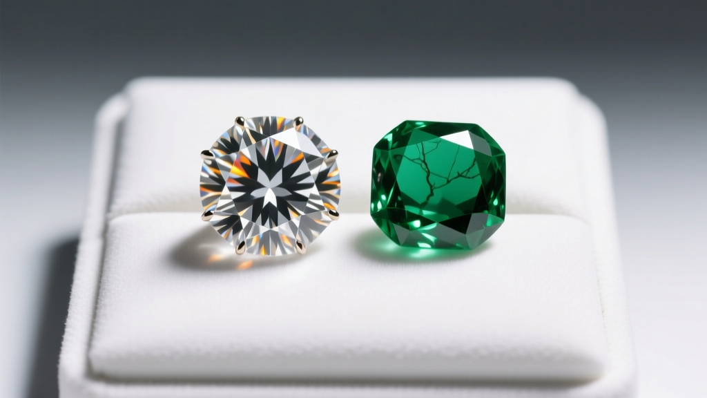 Brilliant diamond next to a green emerald showing internal inclusions under bright studio light on a white jewelry pad.