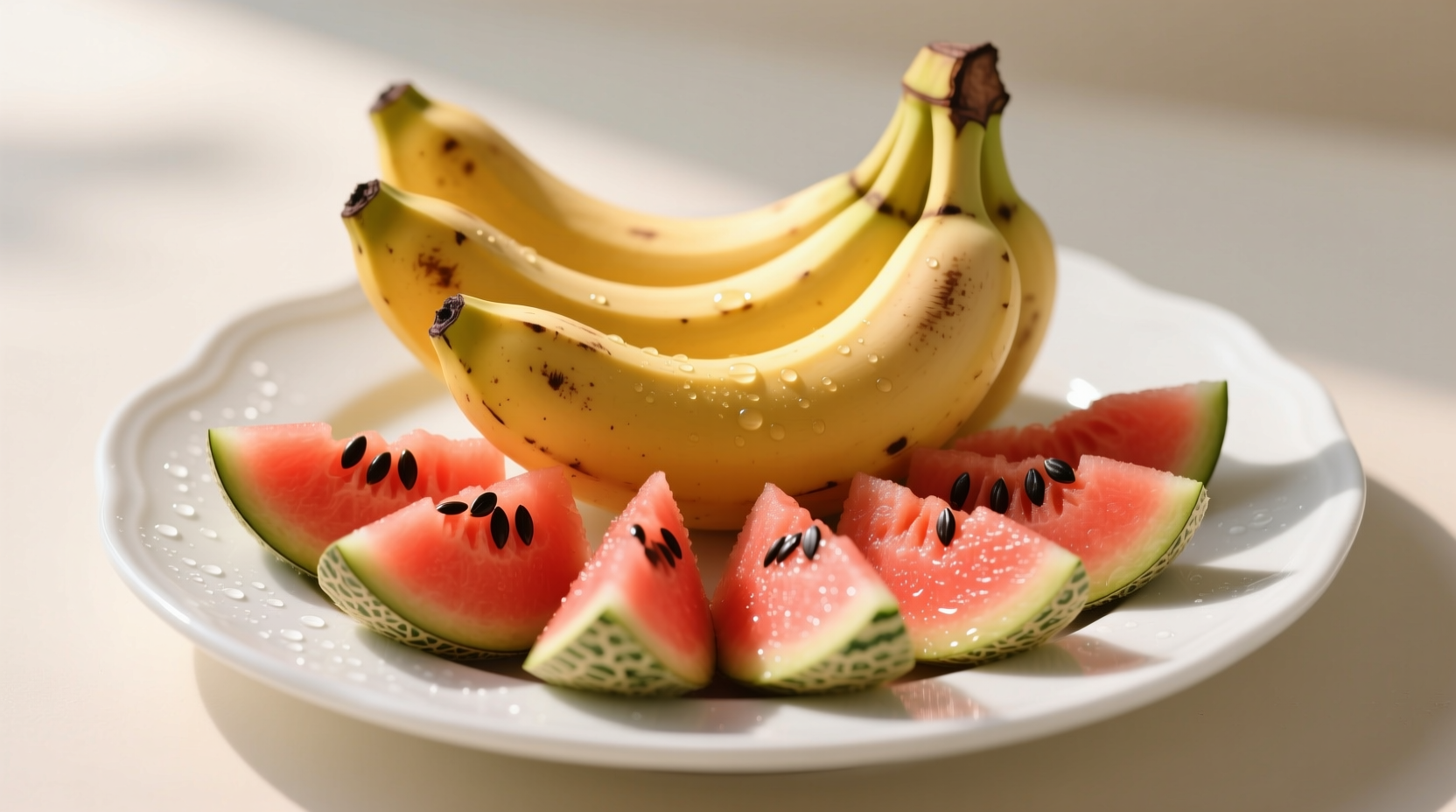 Fresh bananas and melon slices on a white plate