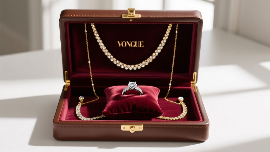 Interior of a London leather jewelry box showing gold necklaces in the deep well and diamond rings secured on the velvet pillow