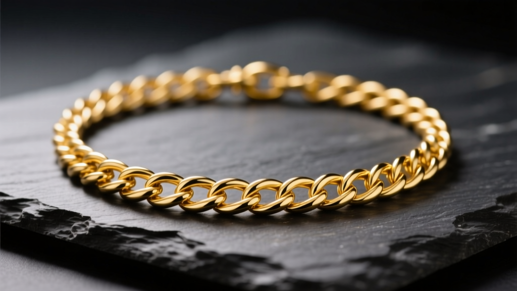 Close-up of an 18k yellow gold rope chain necklace resting on dark slate, illuminated by soft, warm directional studio lighting