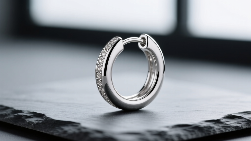 Macro shot of a 100mm sterling silver hoop earring on slate, highlighting the seamless latchback clasp under studio lighting