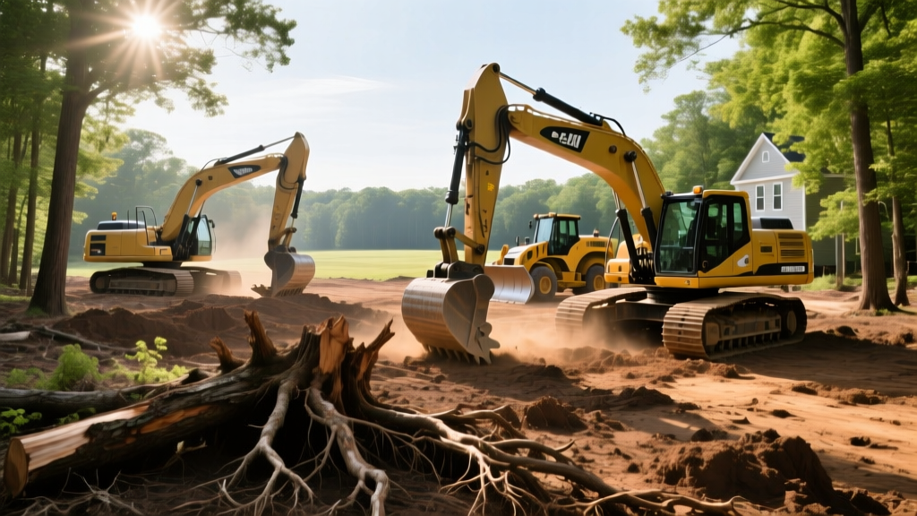 Heavy machinery performing land clearing and grading on a raw wooded lot in preparation for a custom home build in Calvert County