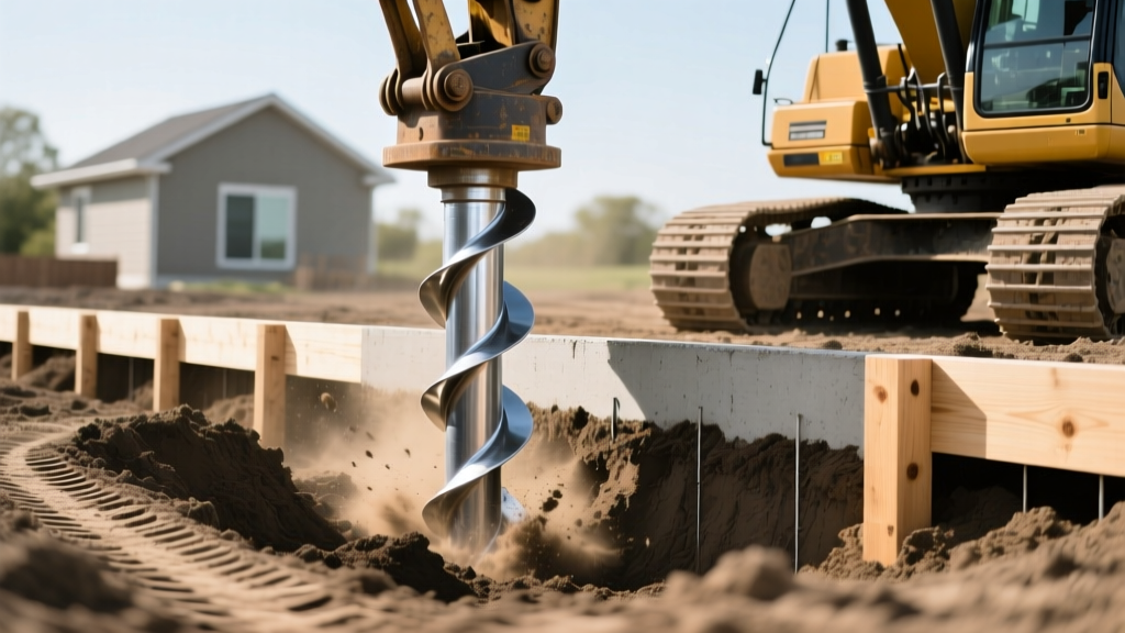 Excavator driving a galvanized steel helical pier into dense soil beside a wooden concrete footing form for a residential foundation