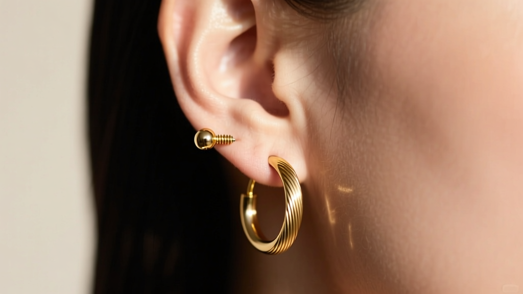 Side view of an ear wearing a continuous gold hoop earring with a screw-on ball closure showing secure micro-threading detail