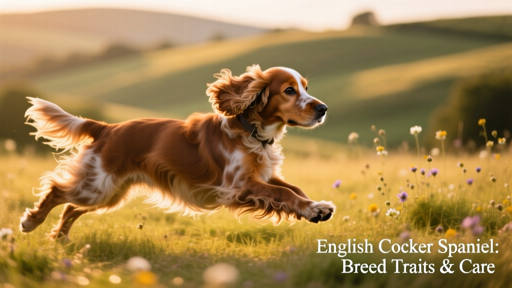 English Cocker Spaniel mid-stride outdoors, showcasing athletic posture, alert expression, and flowing feathered coat