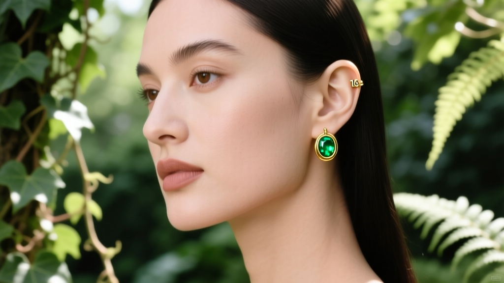 Profile of a woman wearing a 16g gold chrysoprase huggie on her helix piercing against a soft blurred green botanical background