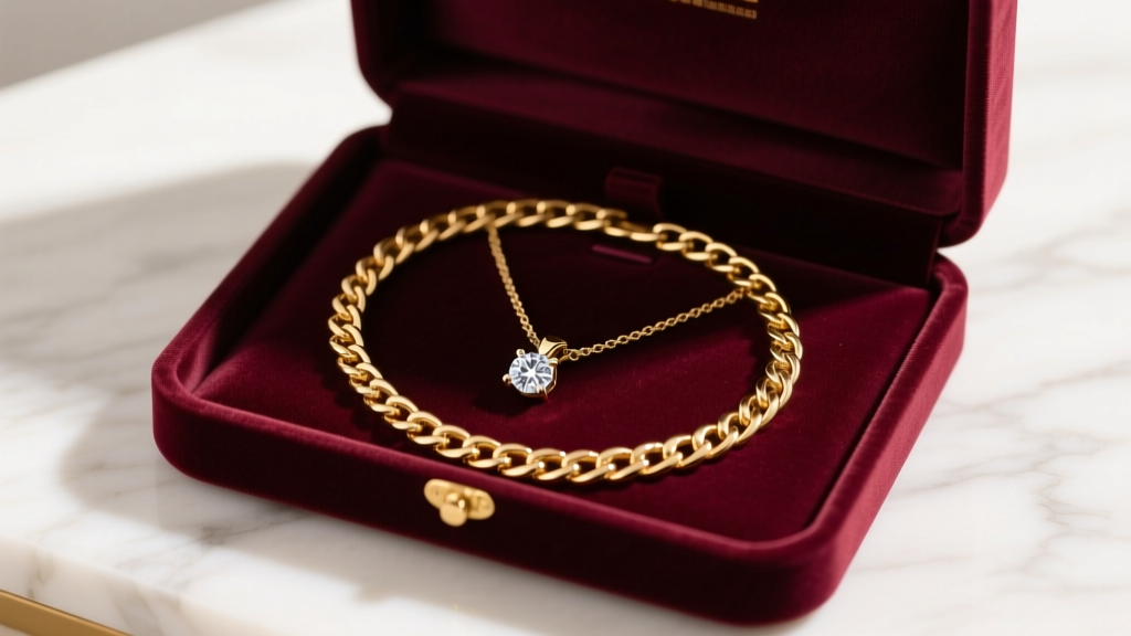 Open velvet box on marble displaying an 18-inch 14k gold chain with a small diamond pendant under soft, warm studio lighting.