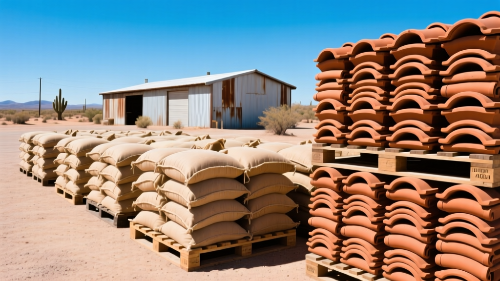 Pallets of tan stucco base coat bags and stacked clay roof tiles outside a desert building materials supply yard in Phoenix Arizona