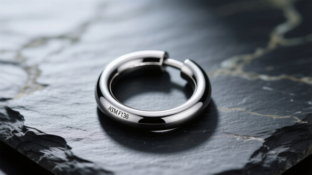 Macro shot of ASTM F136 implant grade titanium huggie hoop with a seamless clicker closure resting on a dark slate stone surface.