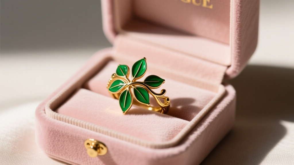 Open luxury jewelry box lined with blush-pink Ultrasuede, holding a vibrant green vitreous enamel and gold vine cocktail ring