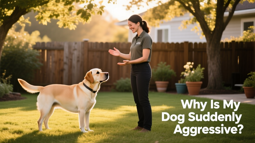A trainer and owner calmly practicing positive reinforcement with a relaxed, focused dog in a quiet backyard setting