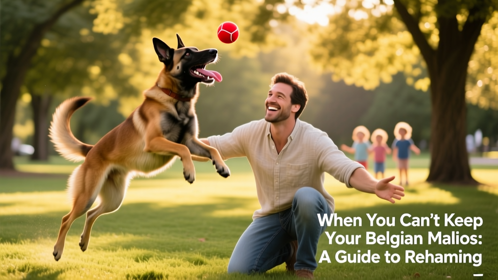 A joyful Belgian Malinois playing fetch with a smiling adult in a sunlit park, showing trust and enthusiasm