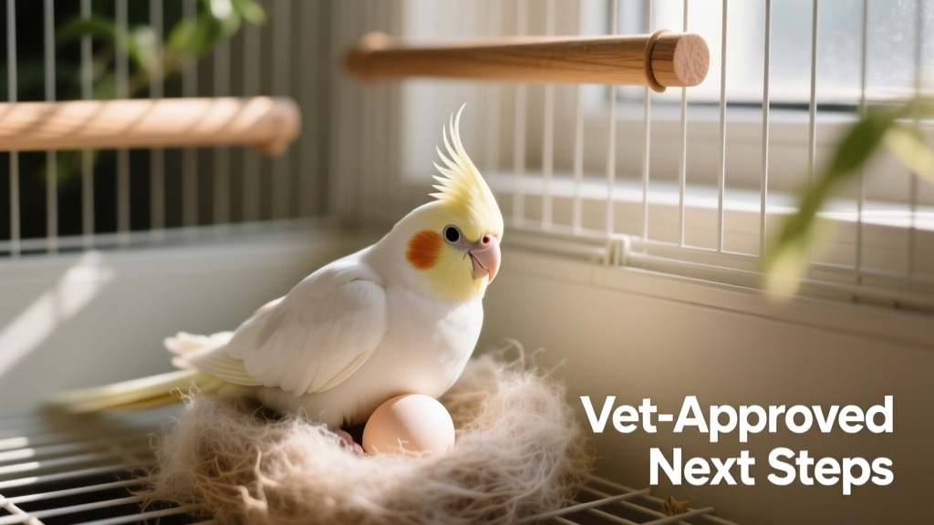 A single white cockatiel egg resting on soft nesting material in a clean cage corner
