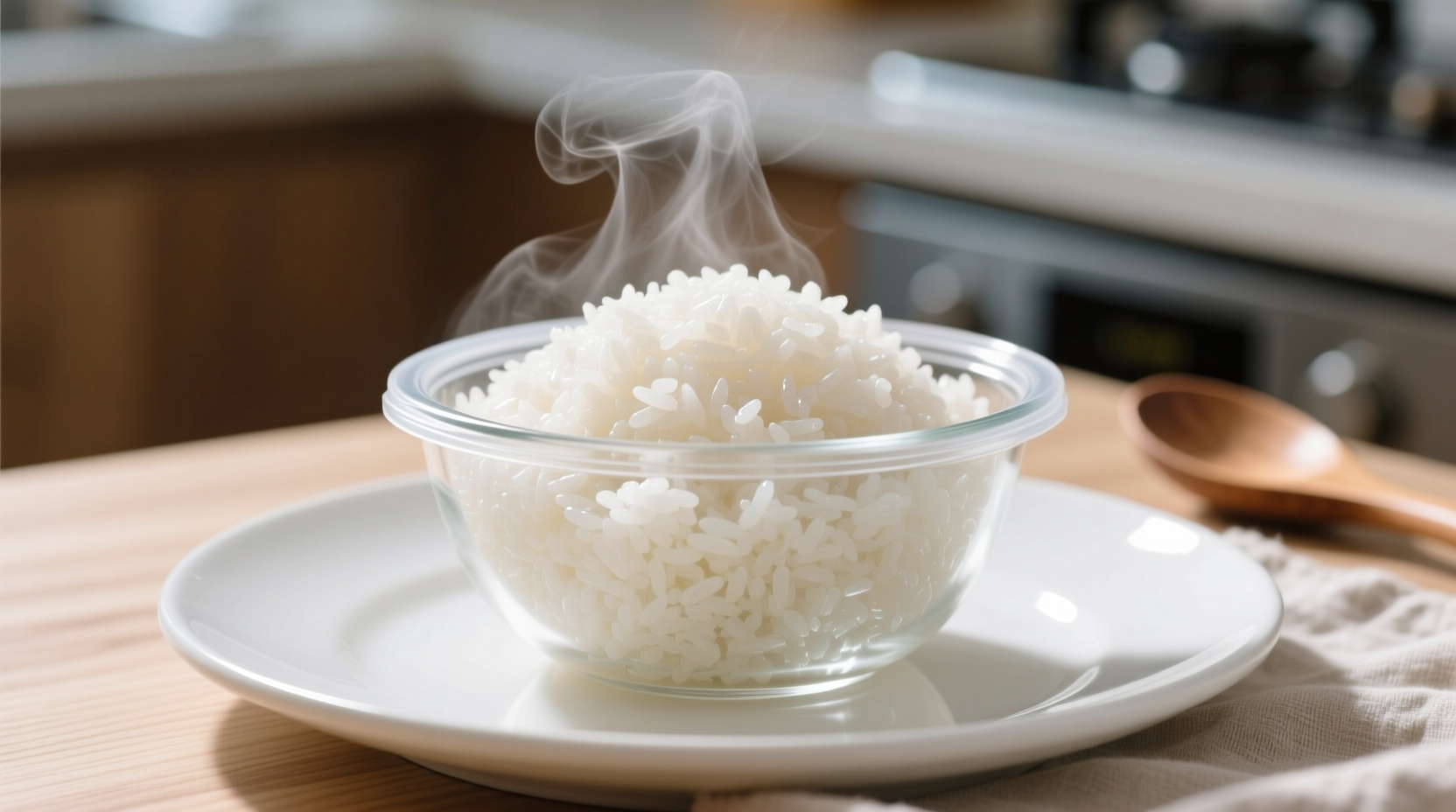 Perfectly cooked white rice in microwave-safe bowl