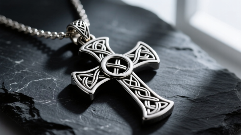 Macro shot of a 3D printed steel Athelstan cross necklace pendant on dark slate, showing intricate historical knotwork details