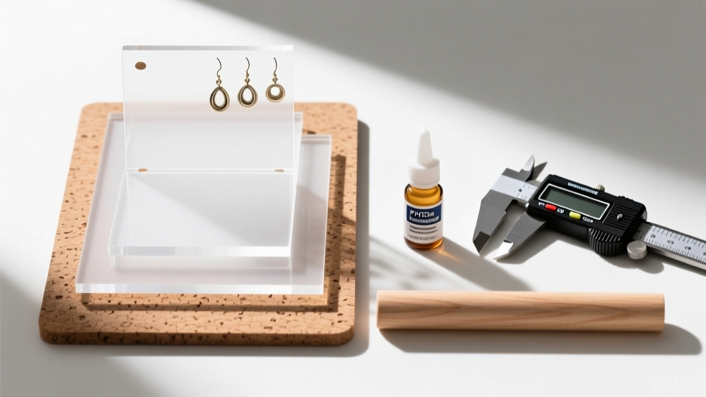 Flat-lay of DIY earring organiser materials like acrylic, cork, pH-neutral glue, and digital calipers measuring hole sizes on wood