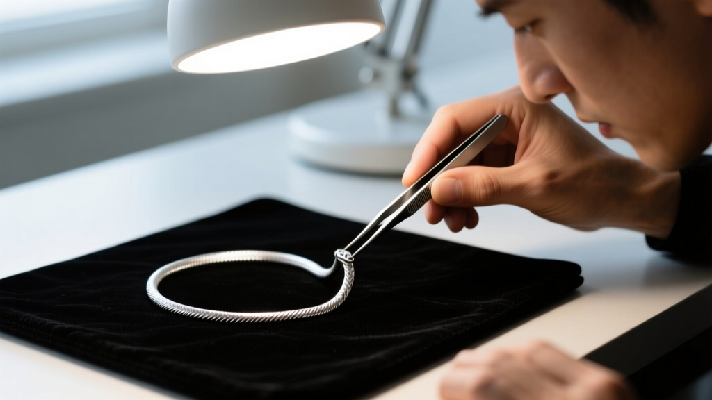 Jeweler using tweezers to inspect a kinked 1.2mm silver snake chain resting on a dark velvet work pad under a bright desk lamp