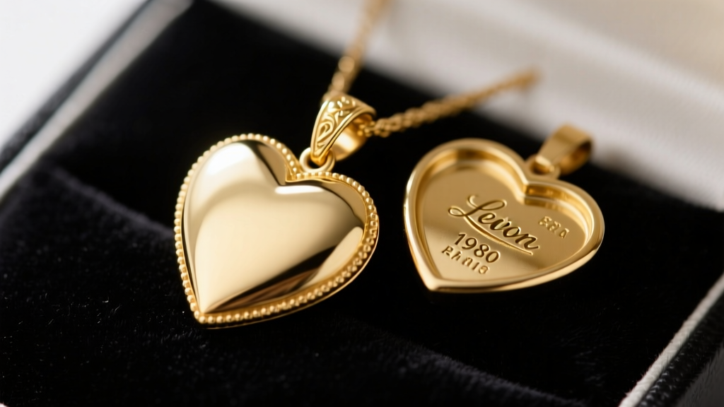 Macro photo of vintage 1980s gold-tone Avon heart necklace pendant on black velvet, highlighting the stamped hallmark on back