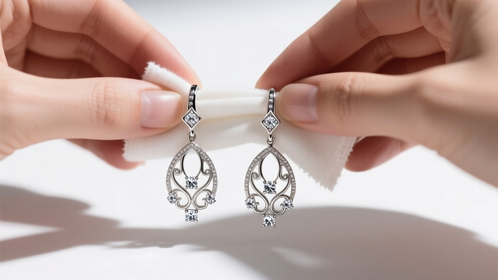 Hands using a microfiber cloth to clean ornate sterling silver leverback drop earrings featuring small cubic zirconia accents.
