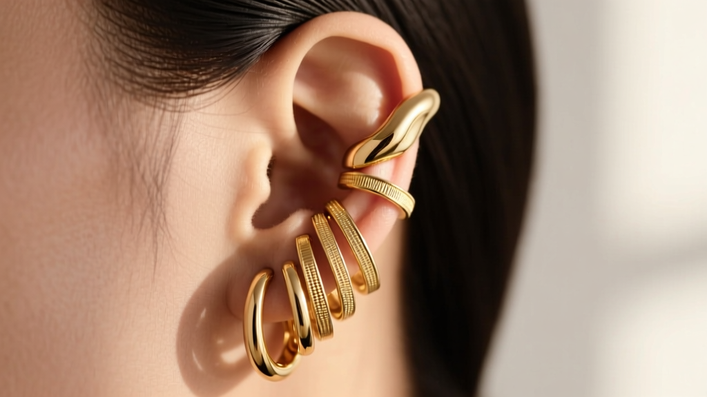 Side profile of an ear featuring a stack of 14k gold huggie hoops and an ear cuff, illuminated by soft natural window light