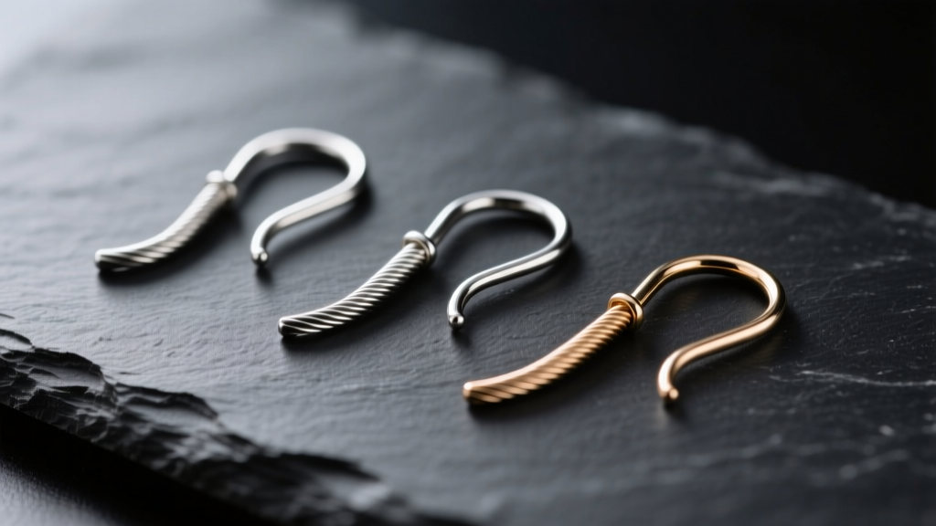 Macro photo of three earring fish hook wires in 18, 20, and 22 gauge sizes laid flat on dark slate with soft lighting