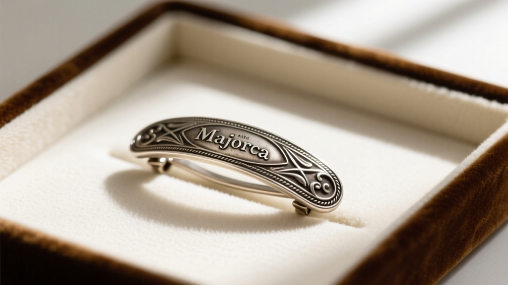 View of a vintage Majorica clasp stamped with the brand hallmark, resting on a jeweler