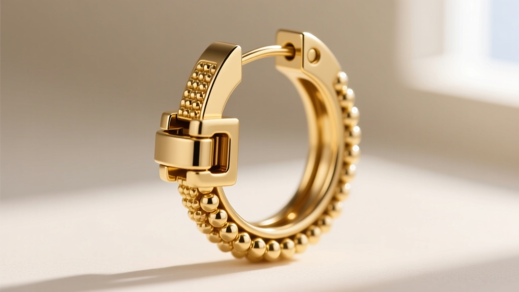 Close-up technical photo showing the interlocking latch-back closure mechanism of a 16-gauge gold-filled beaded hoop earring